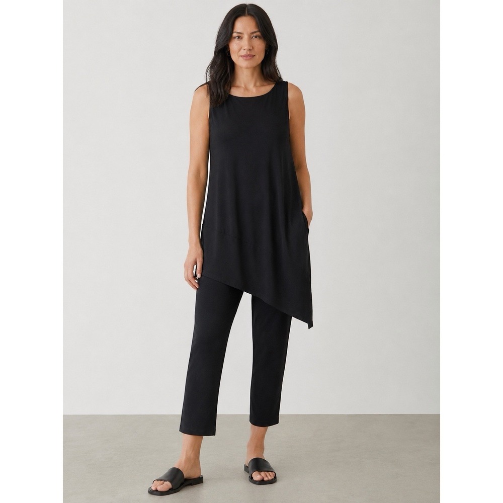 Eileen Fisher Asymmetrical Hem Jersey Tunic Tank Black Stretch L Quiet Luxury